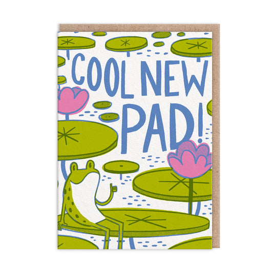 New Home Card with A Lilly Pad and Frog illustration by Hello!Lucky. Text reads Cool New Pad