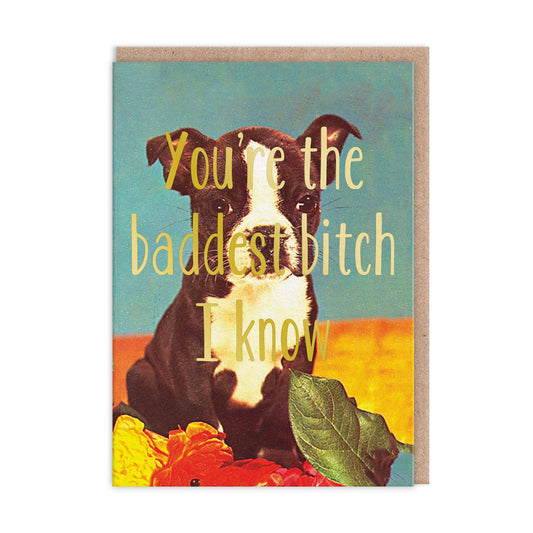 Greeting card with an image of a dog and text that says "You're The Baddest Bitch I Know"