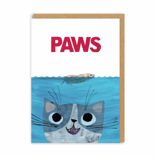 Greeting Card featuring a cater stalking a mouse in water in a jaws inspired illustration