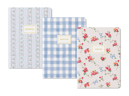 Blue Floral & Check 3x Stitched Notebook Set (B6) (13174)