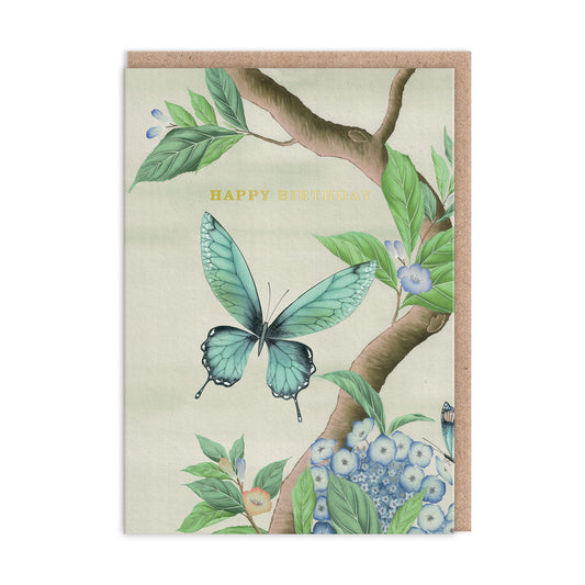 Birthday Card with a butterfly illustration by Diane Hill and Gold Foil tet that reads "Happy Birthday"