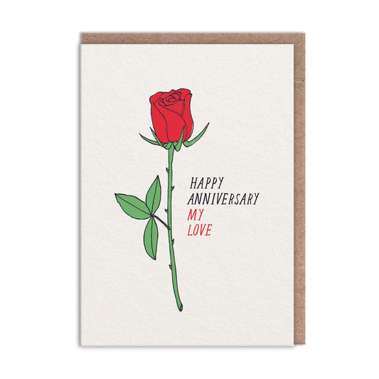 Anniversary card with a Rose illustration by Hartland. Text reads "Happy Anniversary My Love"
