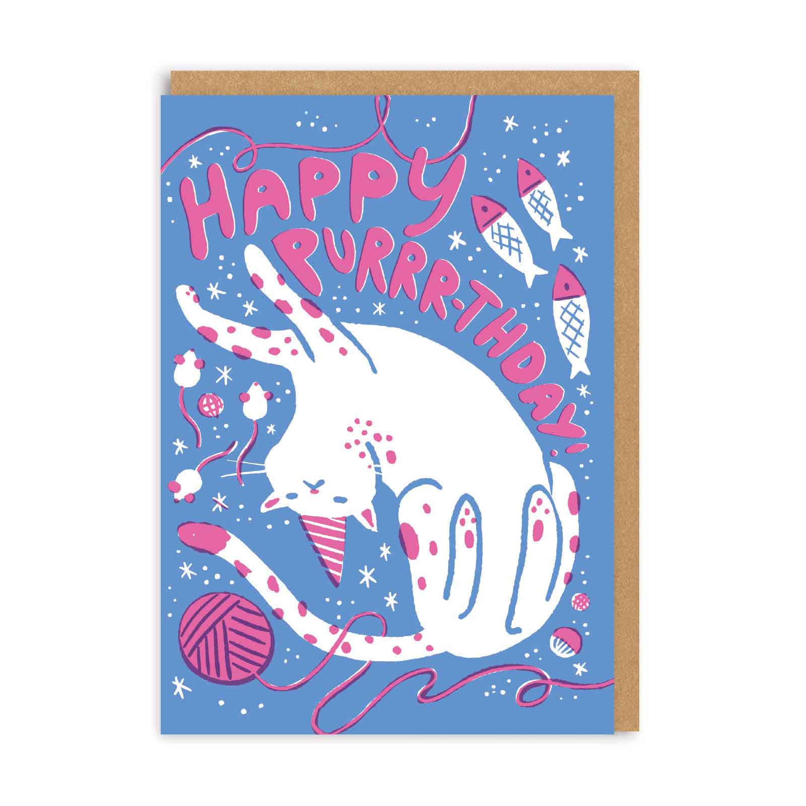 Blue birthday card featuring a cat illustration and the text reading Happy Purr-thday