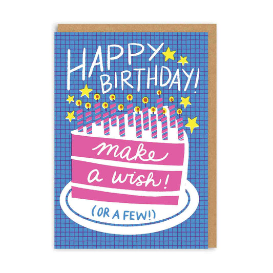 Blue birthday card with a pink cake with candles on top and the text Happy Birthday, Make a wish (or a few)