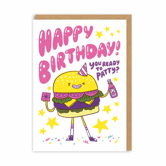Birthday card with an animated burger illustration with the text Happy Birthday, You ready to patty?