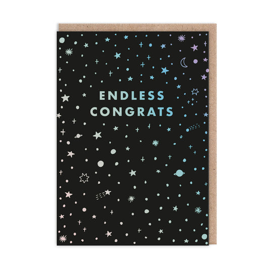 Black Congratulations card with stars and text in holographic foil. Text reads "Endless Congrats"