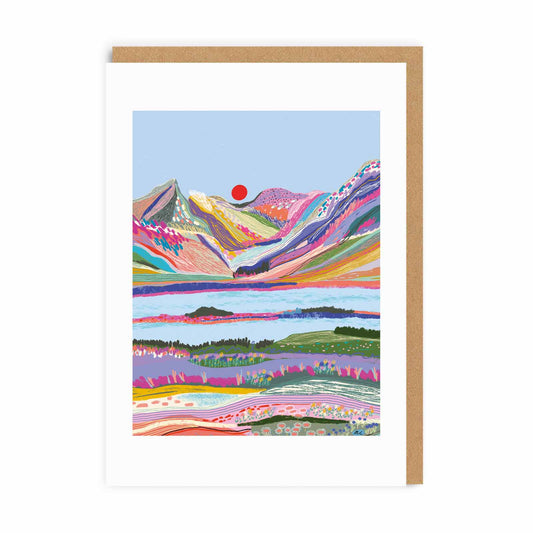 greeting card with bright & colourful artistic mountain illustration