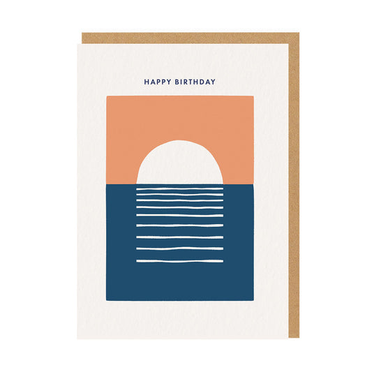 Artitstic birthday card featuring a setting sun illustration and the caption Happy Birthday