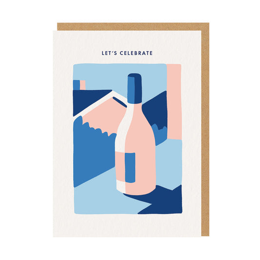 Artisitci greeting card featuring a wine bottle illustration and a caption reading Let's Celebrate