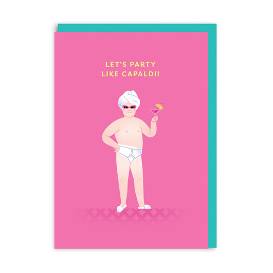 Pink greeting card with Lewis Capaldi illustration and caption reading Let's Party Like Capaldi