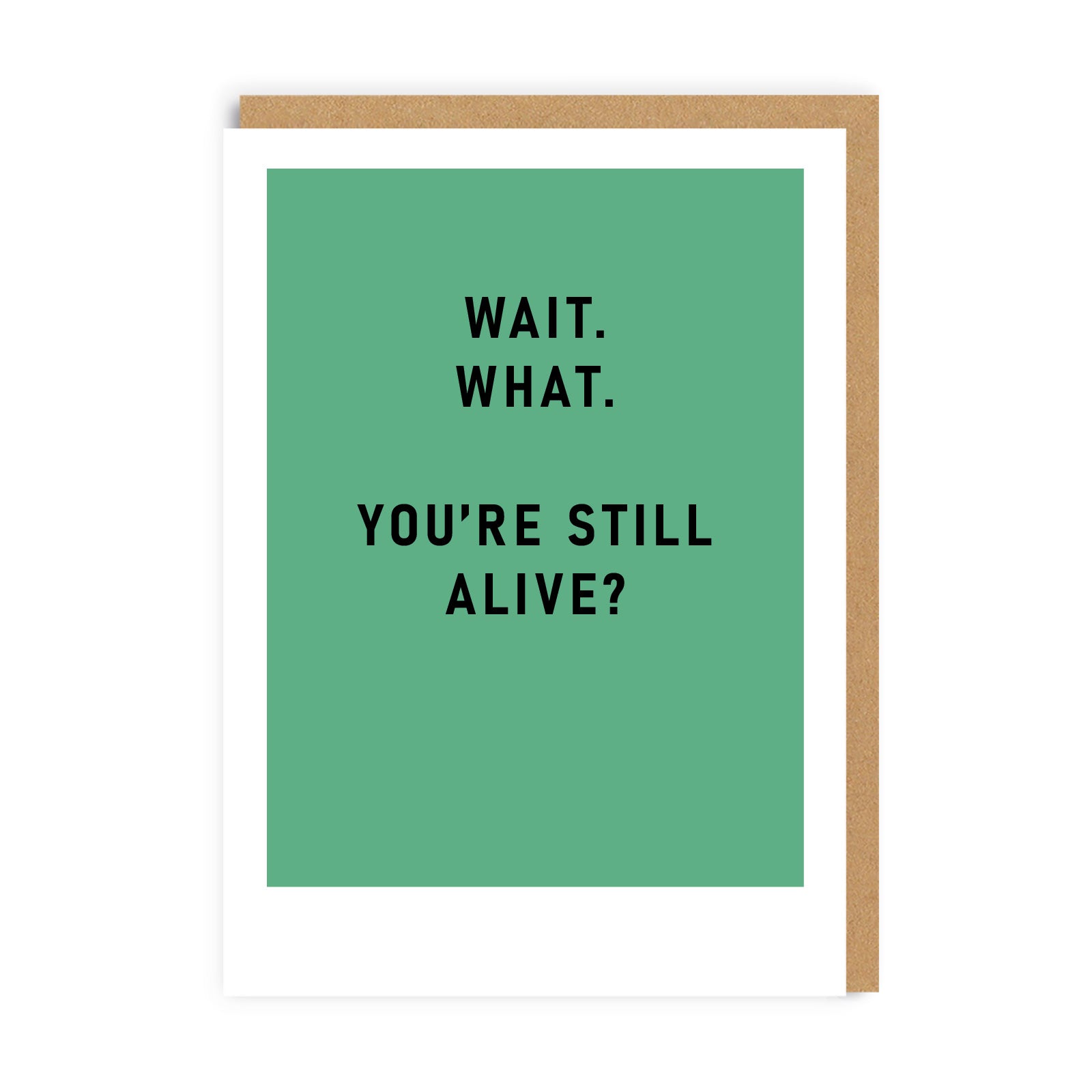 Green Greeting Card with the caption Wait. What. You're Still Alive?