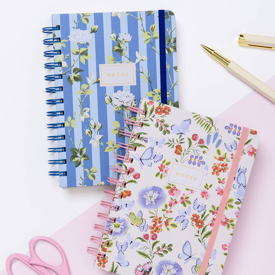Blue Stripe Floral Spiral Bound Notebook (B6) (14120)