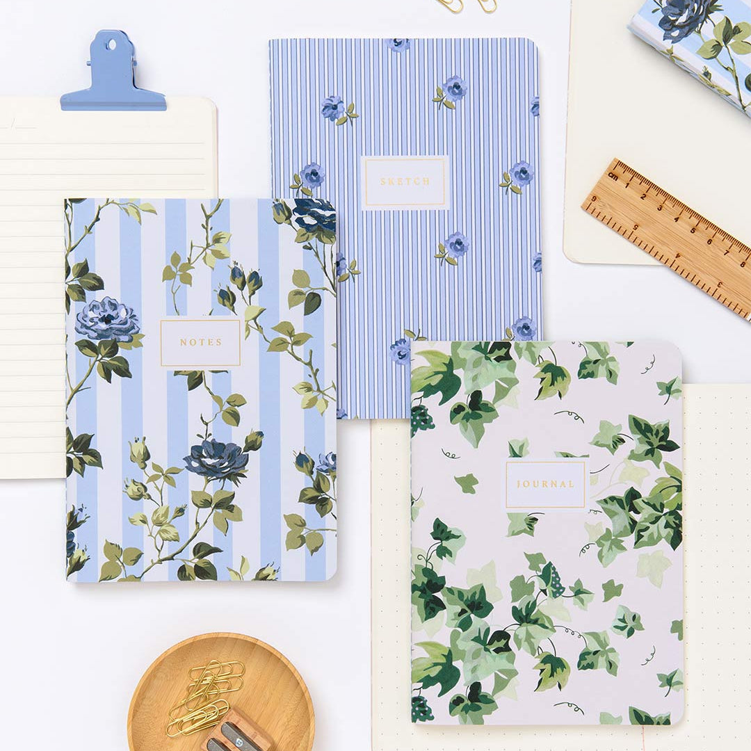 Blue Stripe Floral 3x Stitched Notebook Set (B6) (14118)