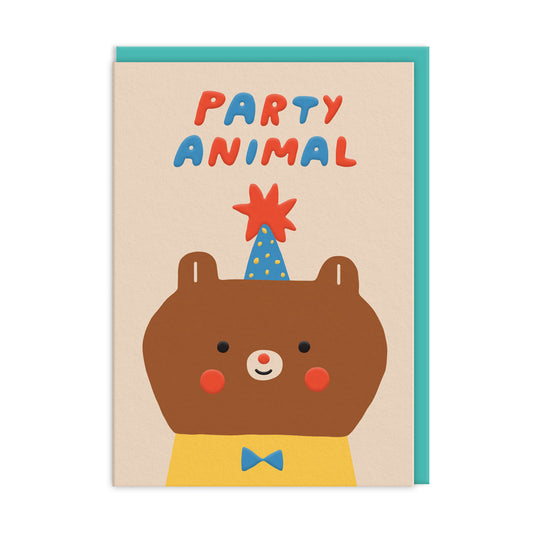Neutral background with a cute bear illustration wearing a bow tie and party hat. Text reads "party animal"