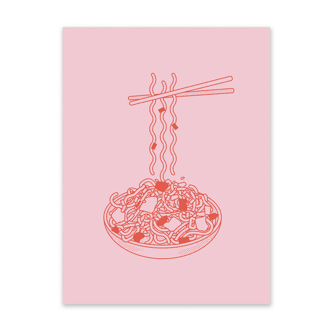 Pink and Red Noodles In Bowl Riso Print (8x6)(11223)